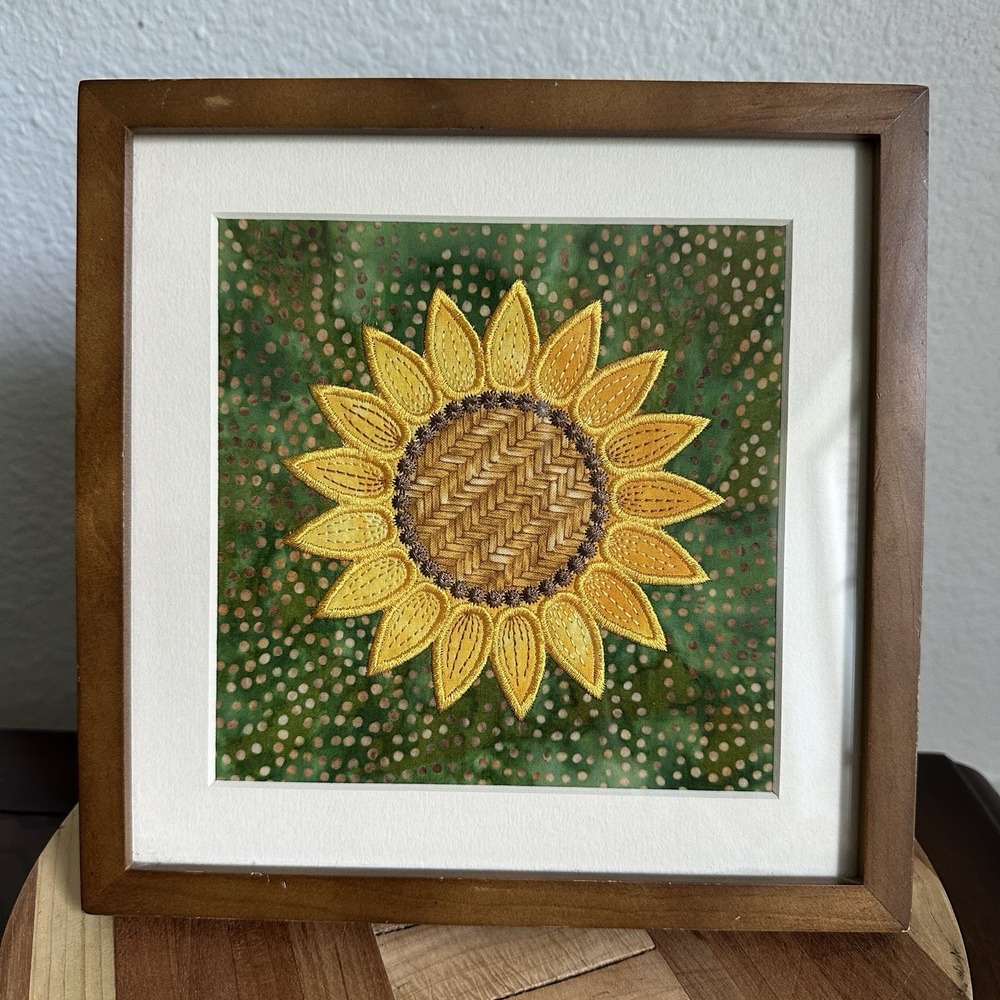Vintage Sunflower Art Appliqué Embroidery Framed 8.7 Inch Country Farm Decor